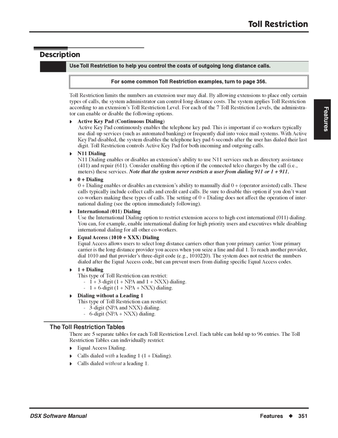 NEC P, N 1093100 software manual Toll Restriction Tables 