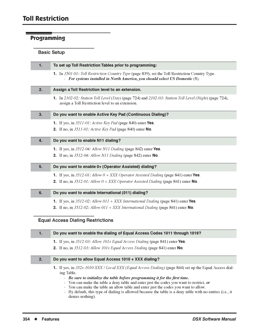 NEC N 1093100, P software manual Basic Setup, Equal Access Dialing Restrictions 