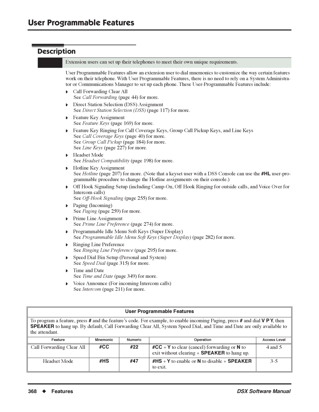 NEC N 1093100 software manual User Programmable Features, See Direct Station Selection DSS page 117 for more, #22, #47 