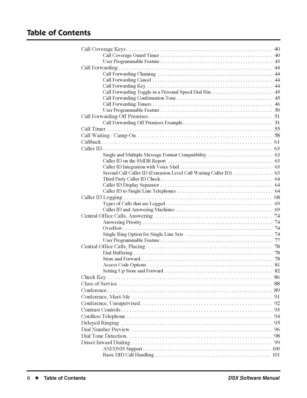 NEC N 1093100, P software manual Call Forwarding, Ii Table of Contents 