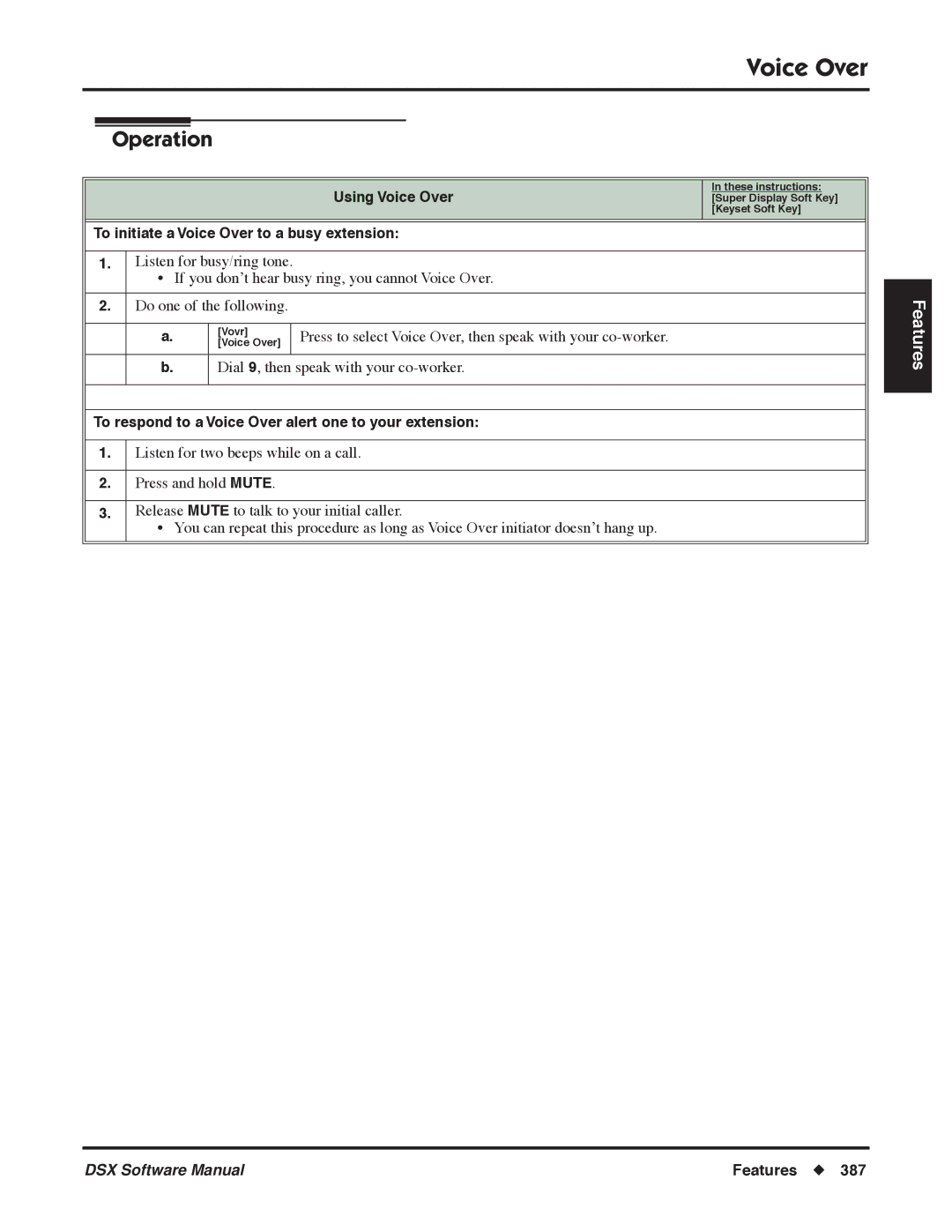 NEC P, N 1093100 To initiate a Voice Over to a busy extension, To respond to a Voice Over alert one to your extension 