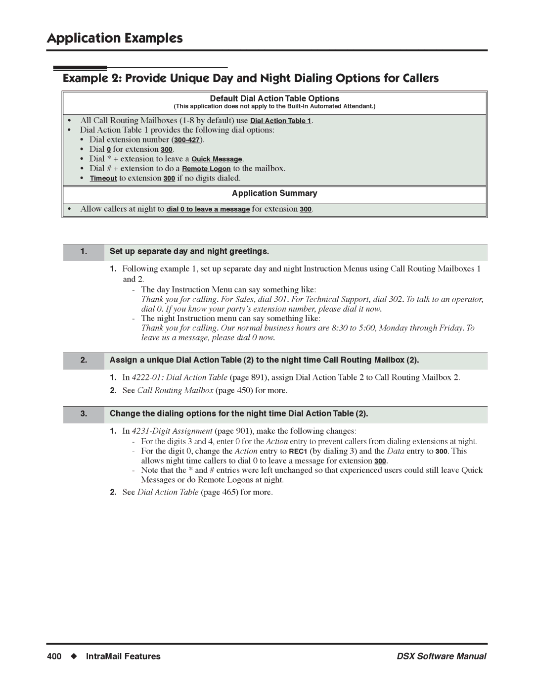 NEC N 1093100, P software manual Default Dial Action Table Options, Set up separate day and night greetings 