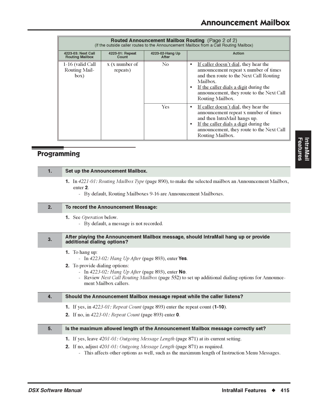 NEC Routed Announcement Mailbox Routing Page 2, Set up the Announcement Mailbox, To record the Announcement Message 