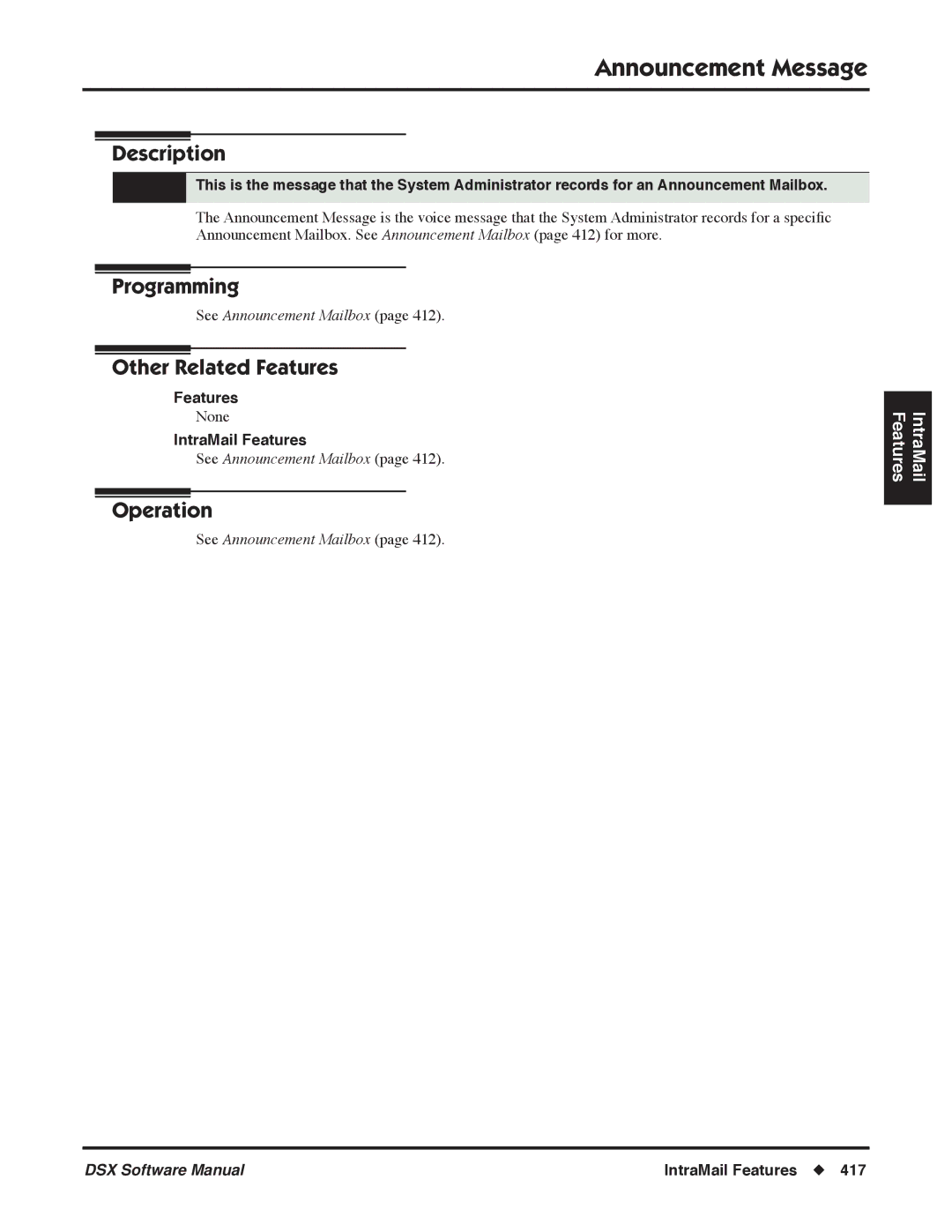 NEC P, N 1093100 software manual Announcement Message, See Announcement Mailbox 