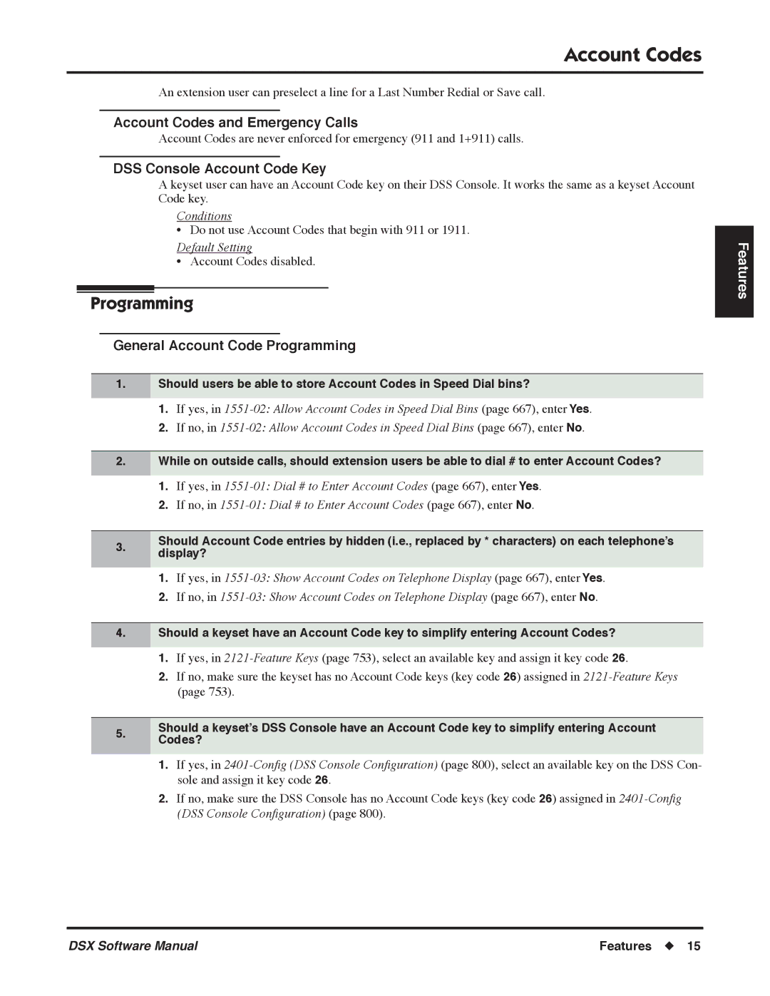 NEC Account Codes and Emergency Calls, DSS Console Account Code Key, General Account Code Programming, Conditions 