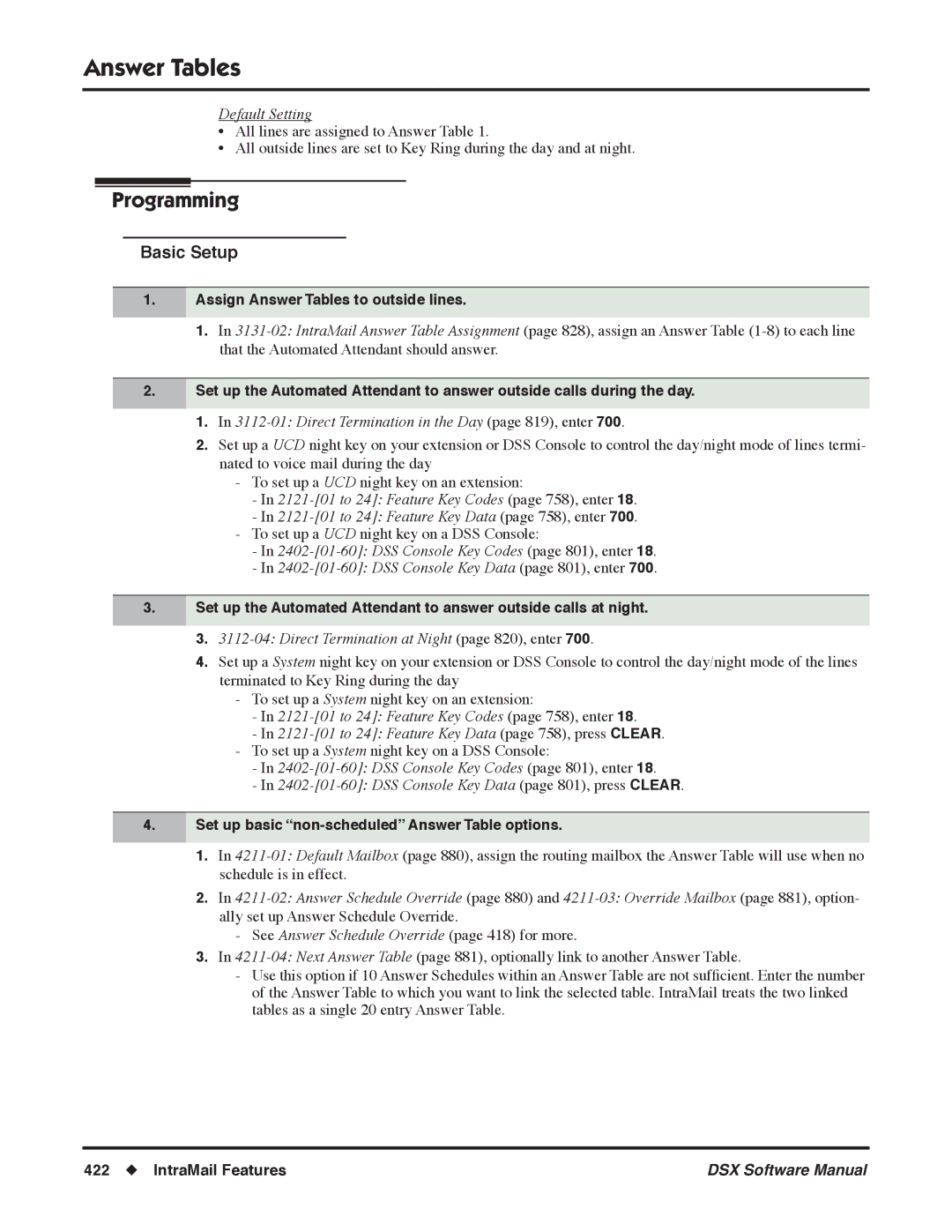 NEC N 1093100, P software manual Assign Answer Tables to outside lines, Direct Termination at Night page 820, enter 