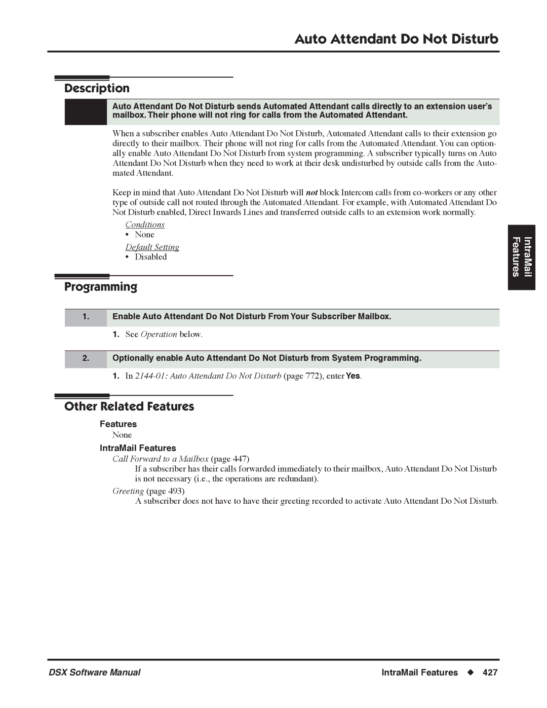 NEC P, N 1093100 software manual Auto Attendant Do Not Disturb page 772, enter Yes, Call Forward to a Mailbox 