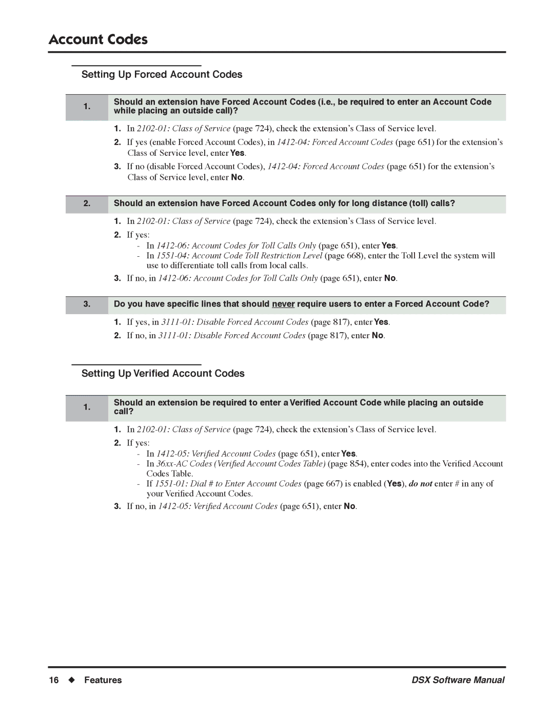 NEC N 1093100 Setting Up Forced Account Codes, Setting Up Veriﬁed Account Codes, Veriﬁed Account Codes page 651, enter Yes 