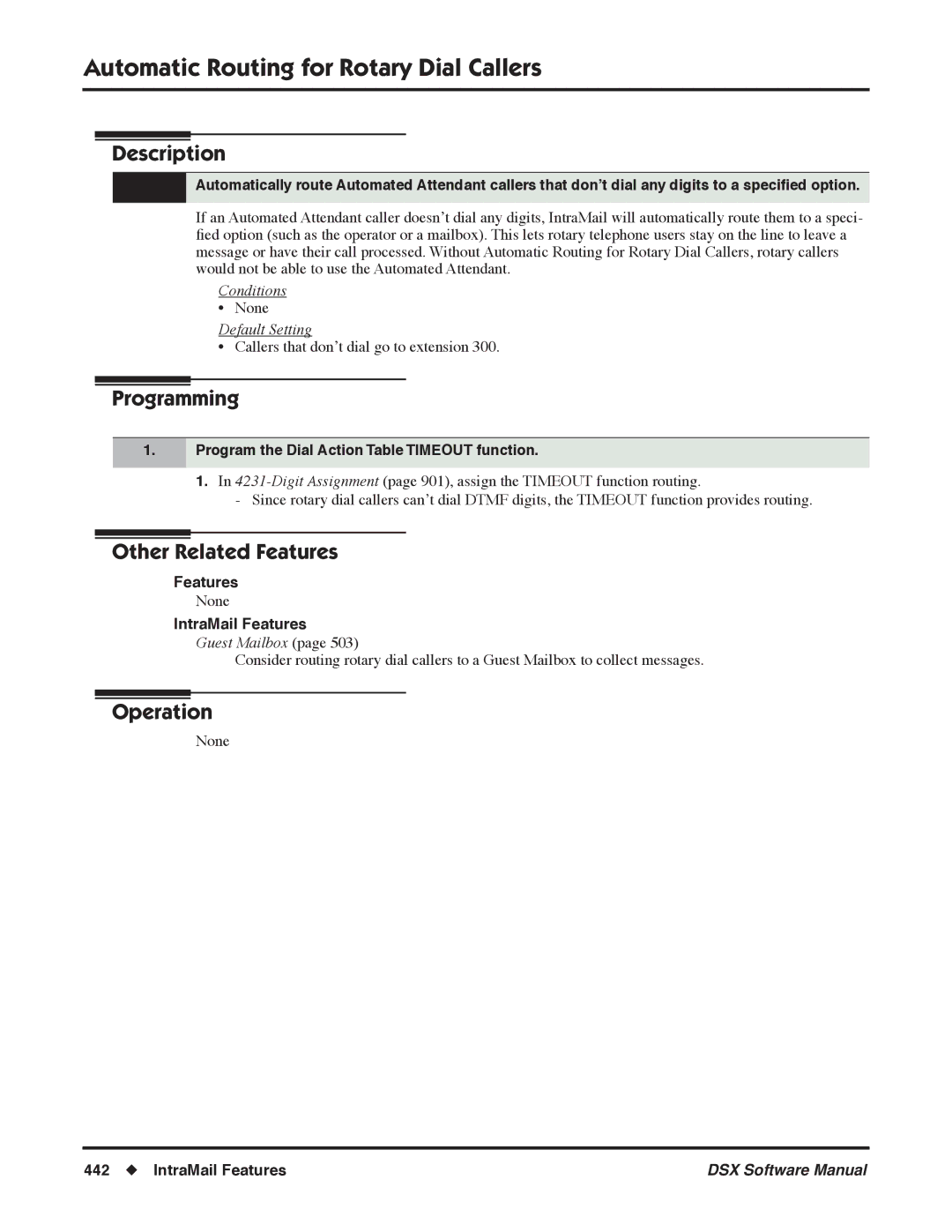 NEC N 1093100 Automatic Routing for Rotary Dial Callers, Program the Dial Action Table Timeout function, Guest Mailbox 