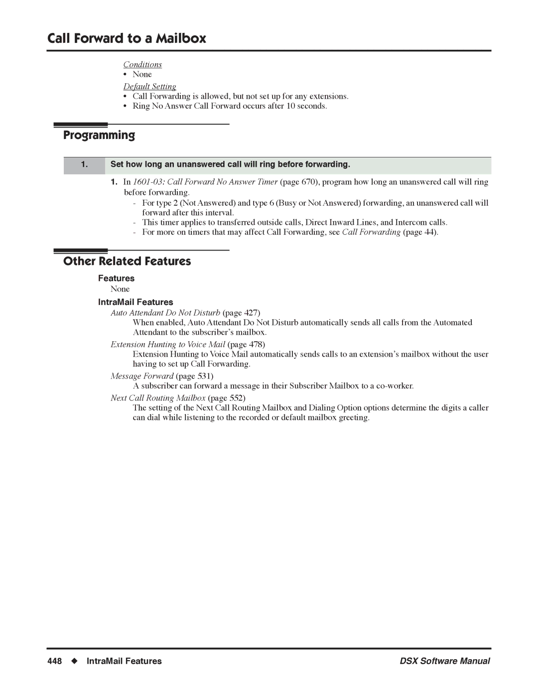 NEC N 1093100 Set how long an unanswered call will ring before forwarding, Auto Attendant Do Not Disturb, Message Forward 