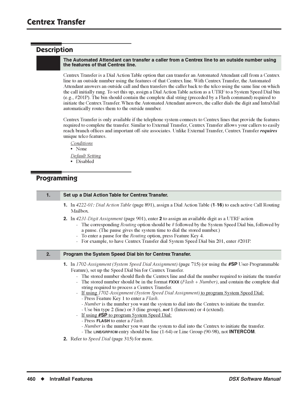 NEC N 1093100 Set up a Dial Action Table for Centrex Transfer, Program the System Speed Dial bin for Centrex Transfer 