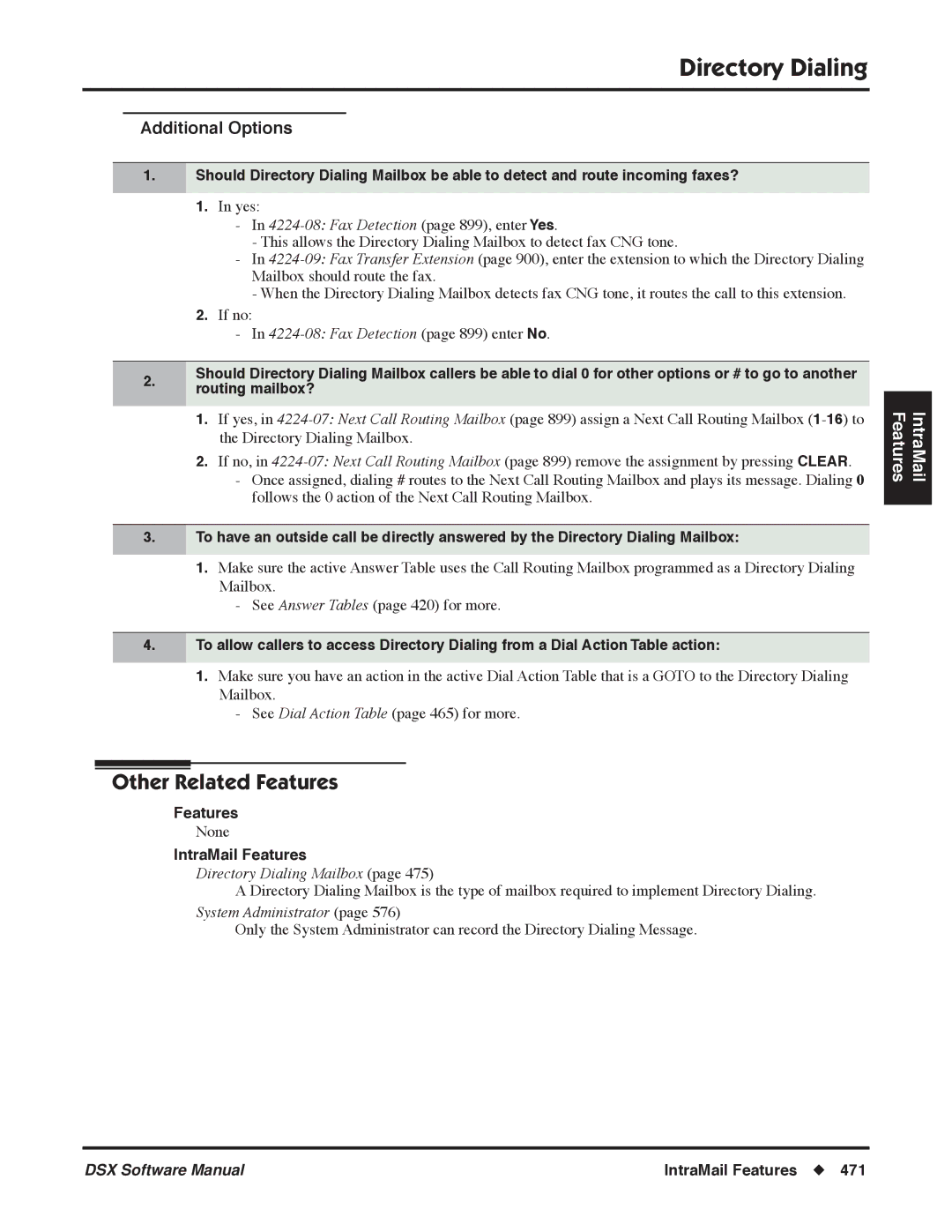 NEC P Additional Options, Fax Detection page 899, enter Yes, Fax Detection page 899 enter No, Directory Dialing Mailbox 