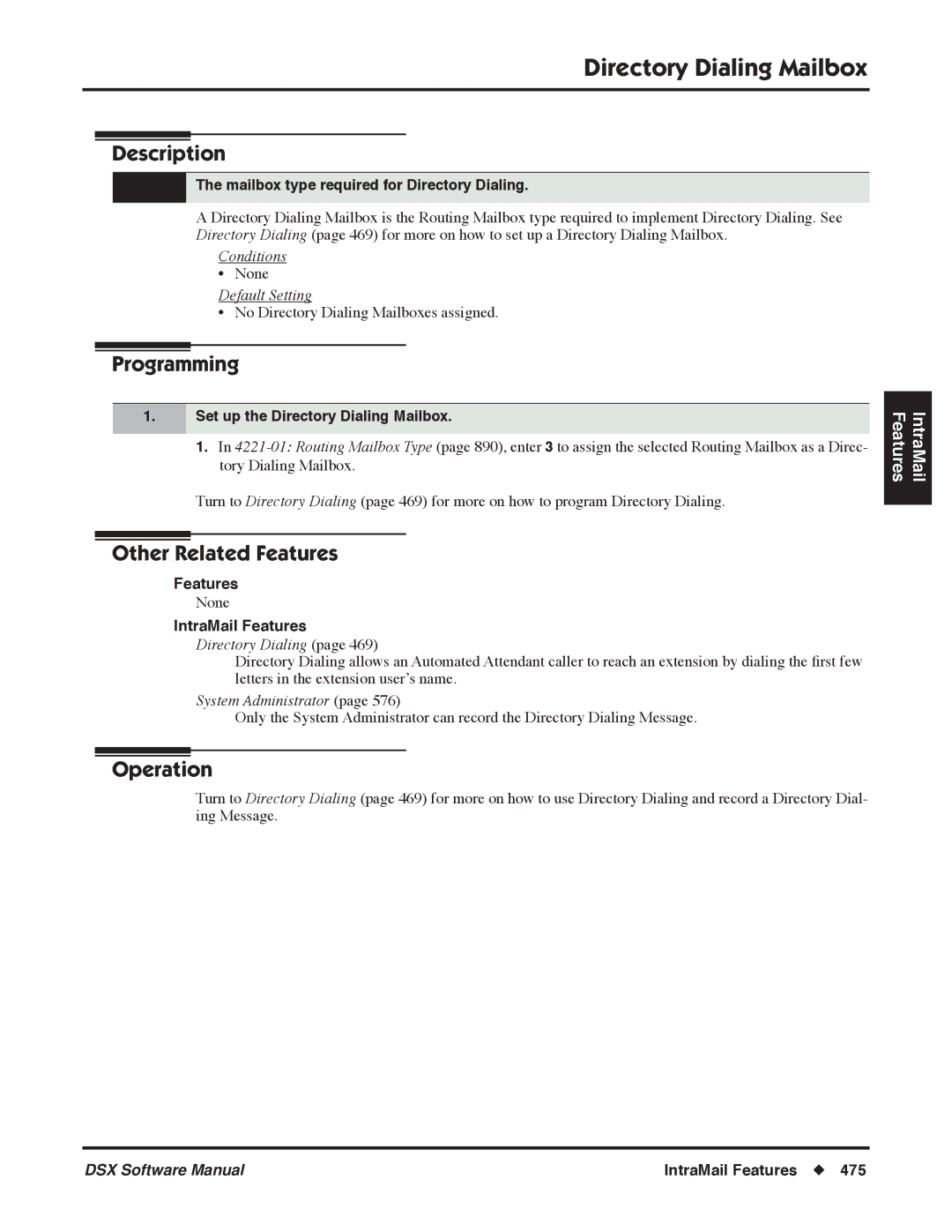 NEC P, N 1093100 software manual Directory Dialing Mailbox, Mailbox type required for Directory Dialing 