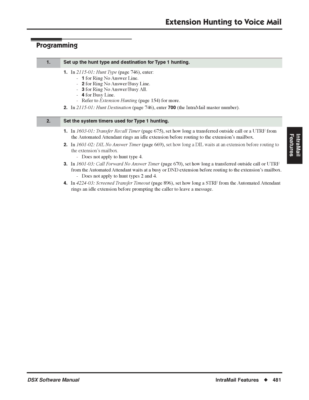 NEC P, N 1093100 Set up the hunt type and destination for Type 1 hunting, Set the system timers used for Type 1 hunting 