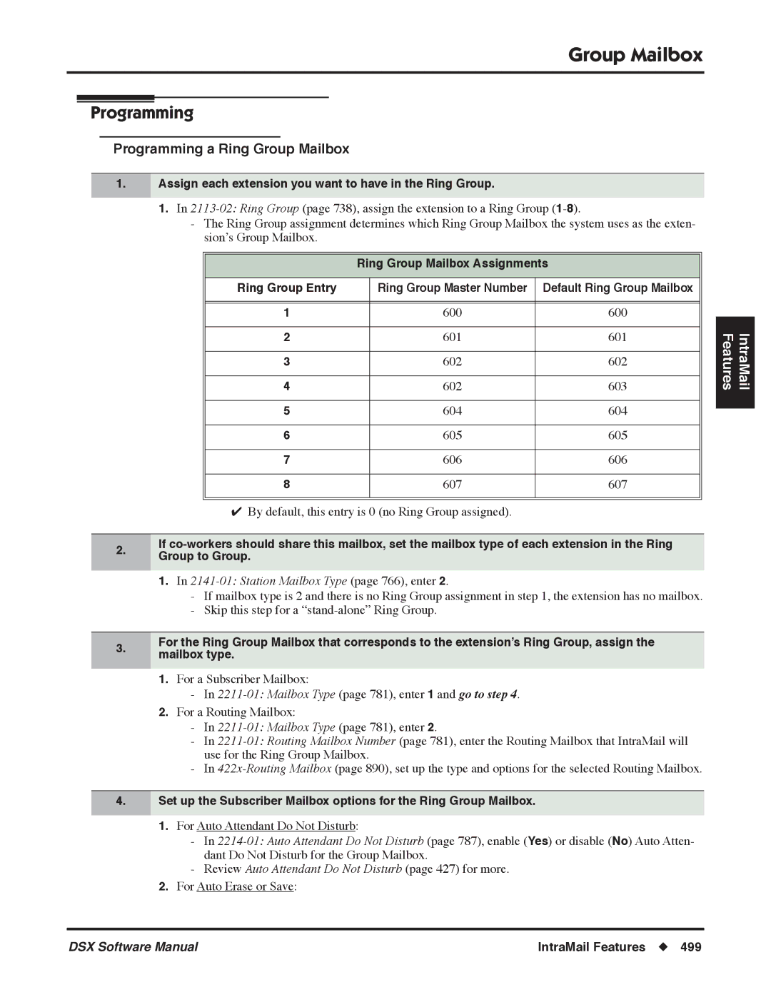 NEC N 1093100 software manual Programming a Ring Group Mailbox, Assign each extension you want to have in the Ring Group 