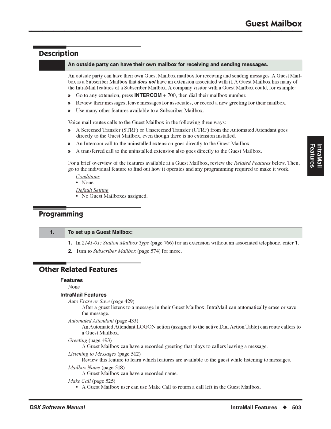 NEC P, N 1093100 software manual To set up a Guest Mailbox, Auto Erase or Save, Listening to Messages, Mailbox Name 