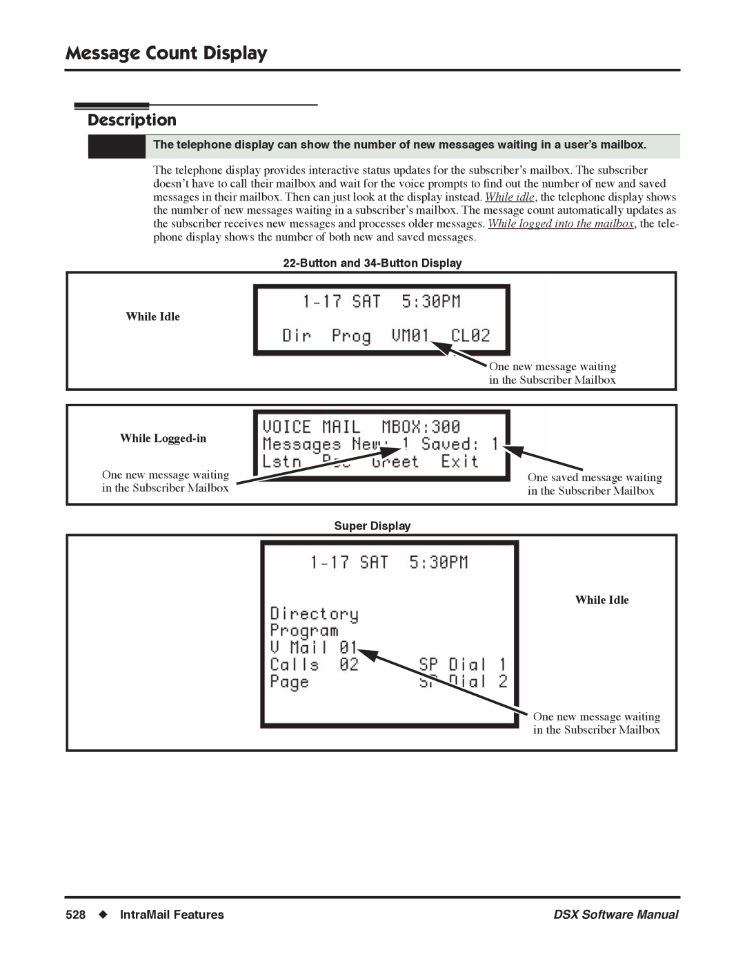 NEC N 1093100, P software manual Message Count Display, While Idle, While Logged-in 