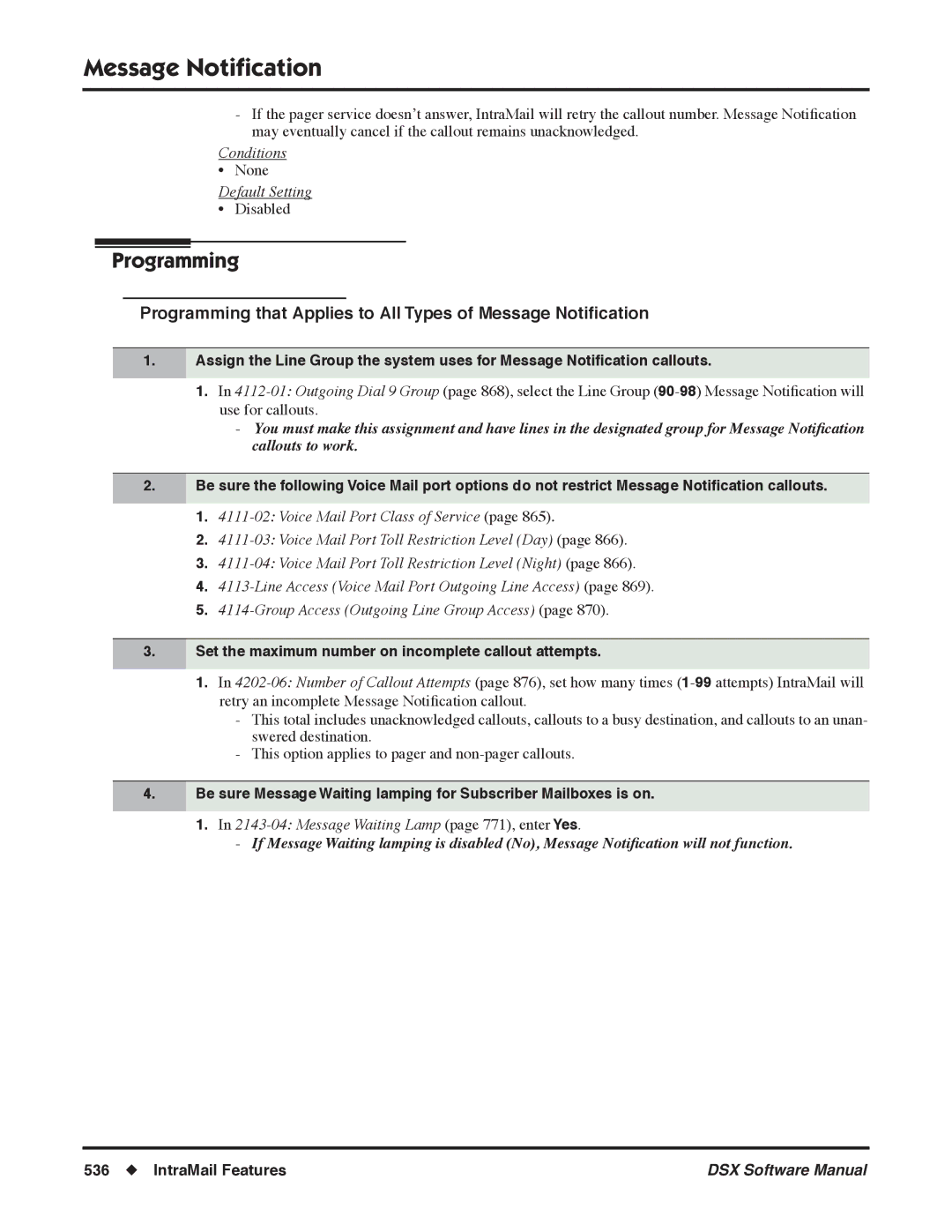 NEC N 1093100, P Set the maximum number on incomplete callout attempts, Message Waiting Lamp page 771, enter Yes 