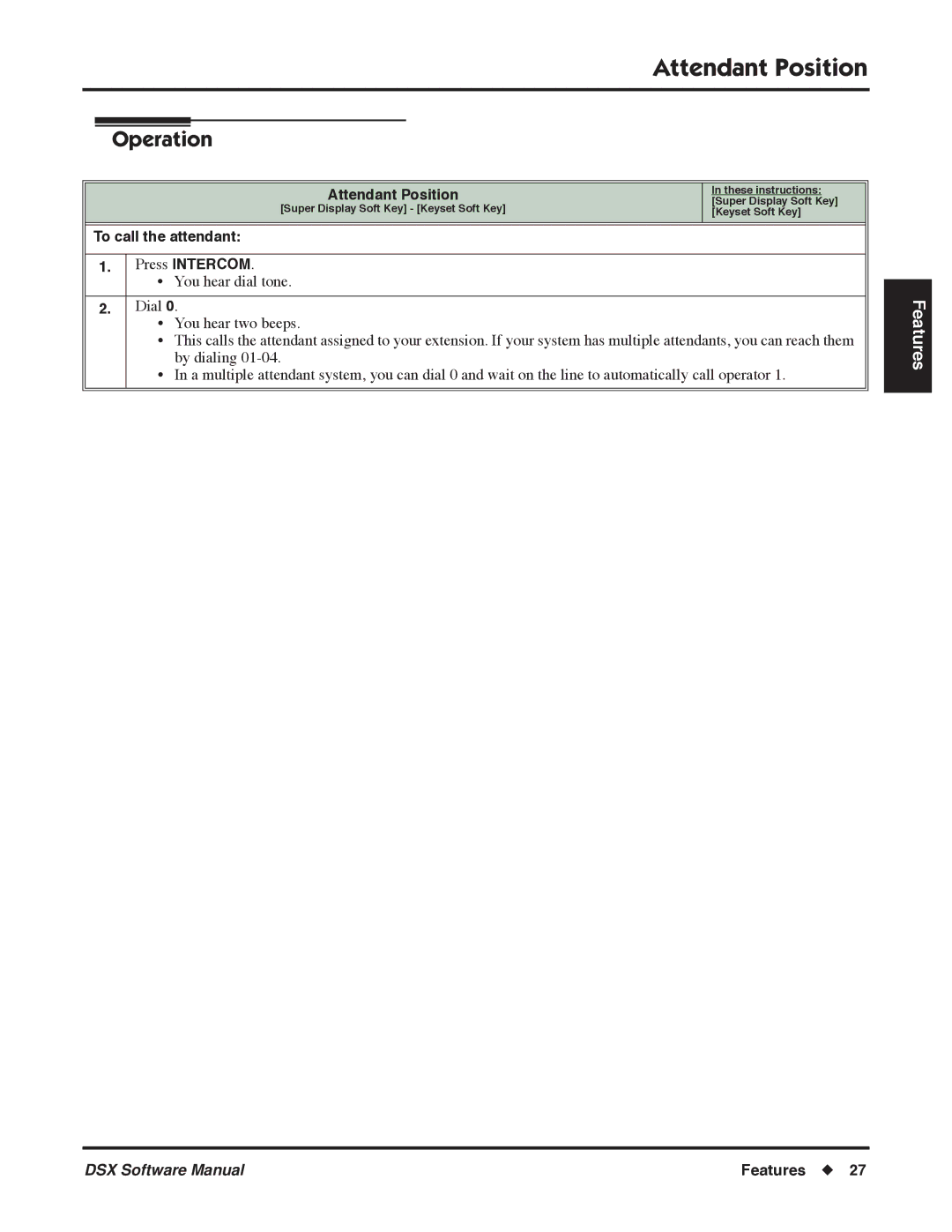 NEC N 1093100 software manual Attendant Position, To call the attendant Press Intercom 