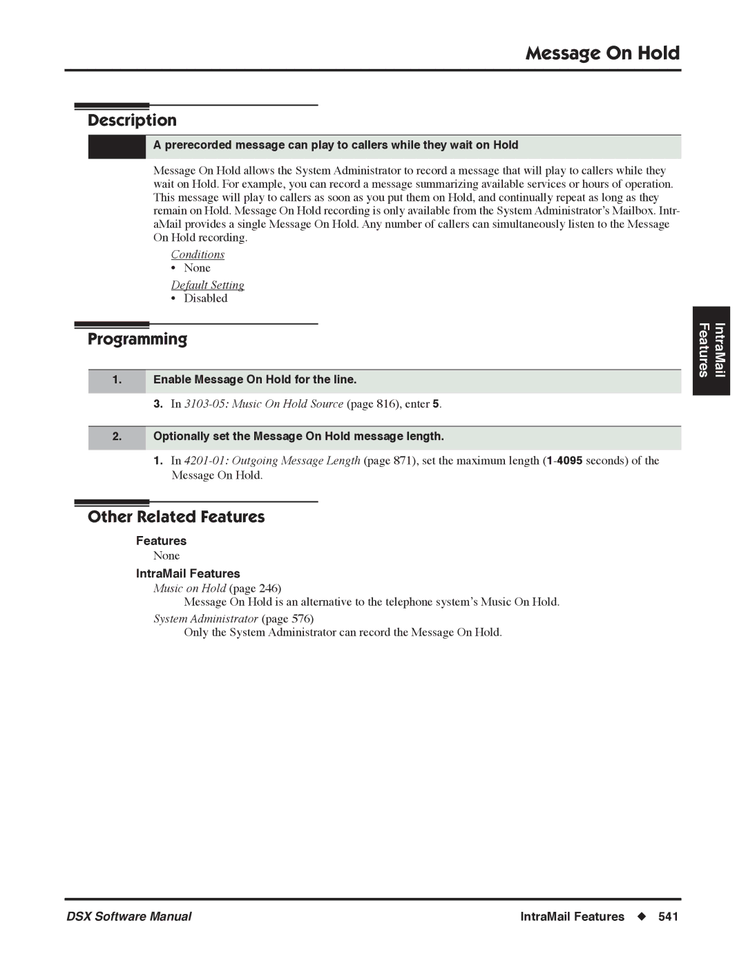 NEC P, N 1093100 software manual Enable Message On Hold for the line, Music On Hold Source page 816, enter 