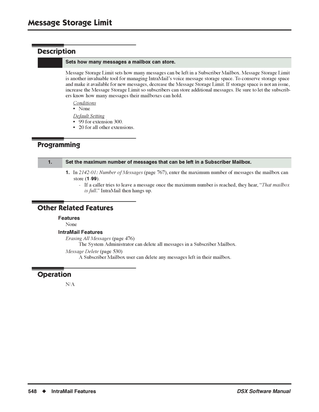 NEC N 1093100, P software manual Message Storage Limit, Sets how many messages a mailbox can store 