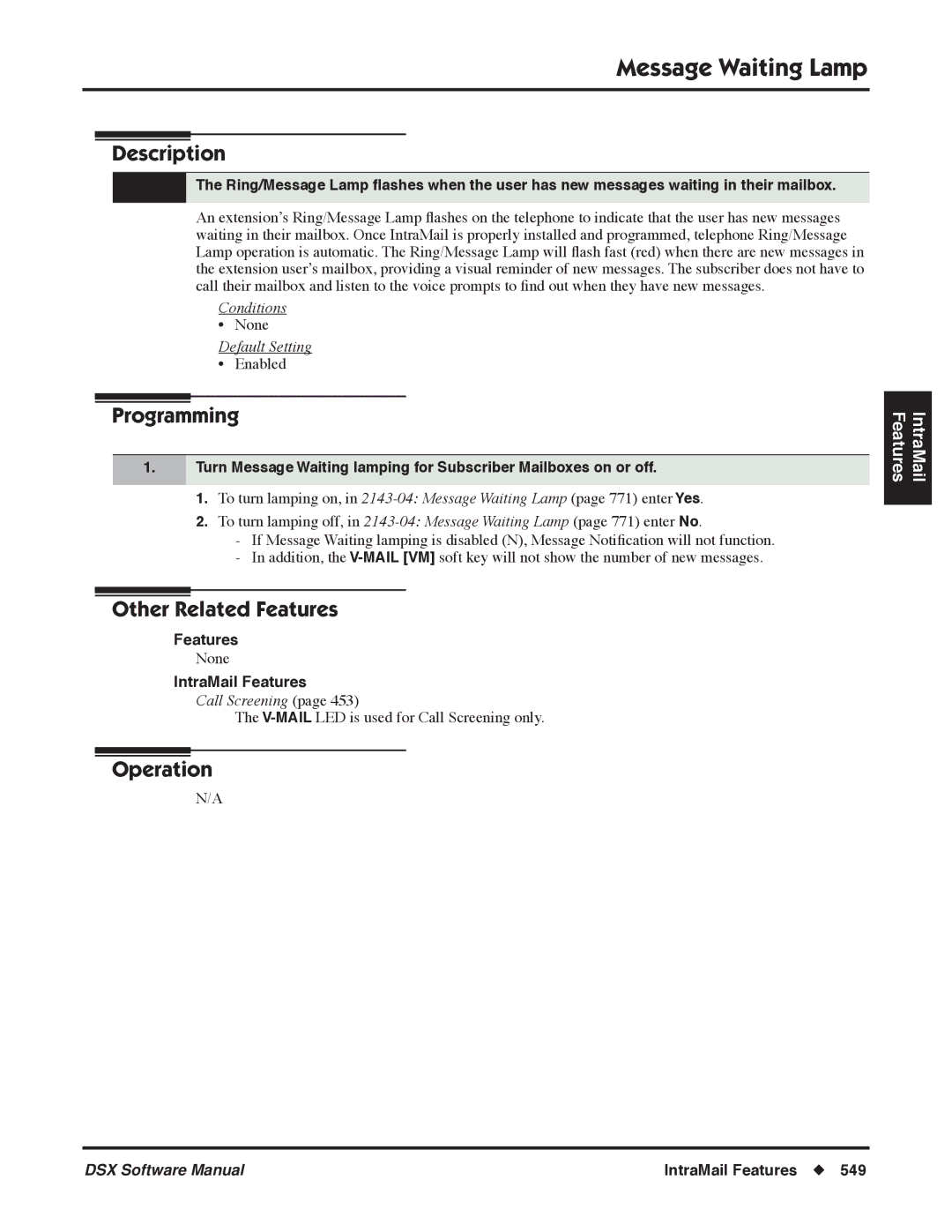 NEC P, N 1093100 software manual Message Waiting Lamp, Call Screening 