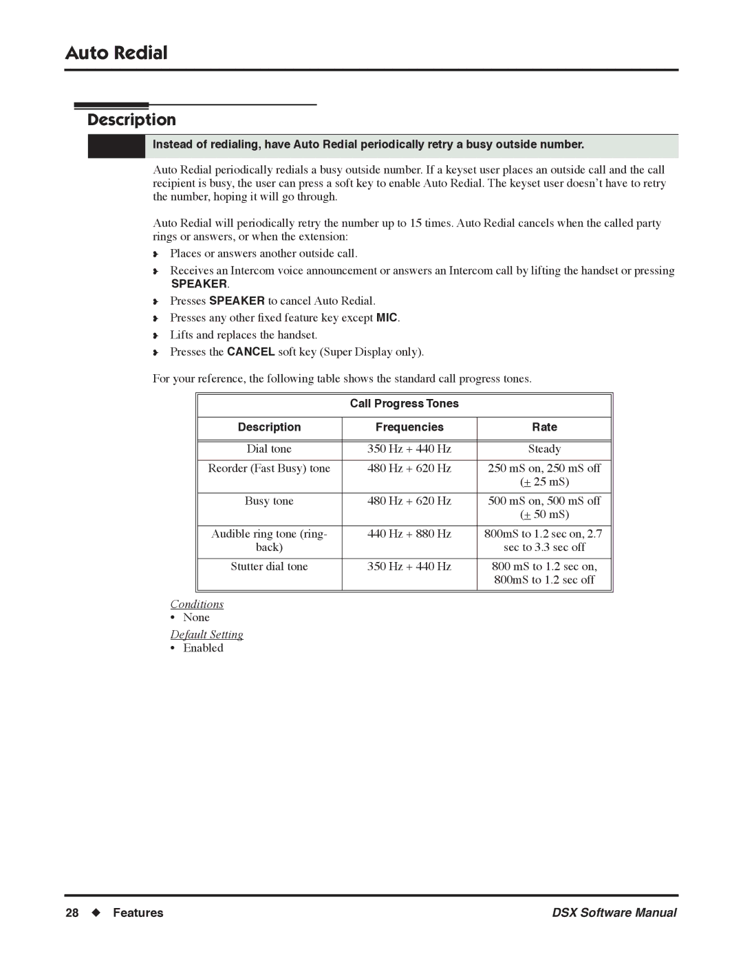 NEC N 1093100 software manual Auto Redial, Call Progress Tones 