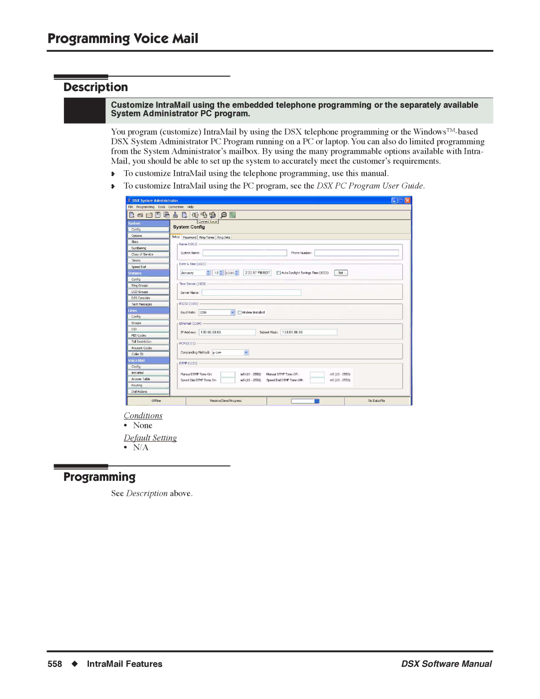 NEC N 1093100 software manual Programming Voice Mail, Default Setting 