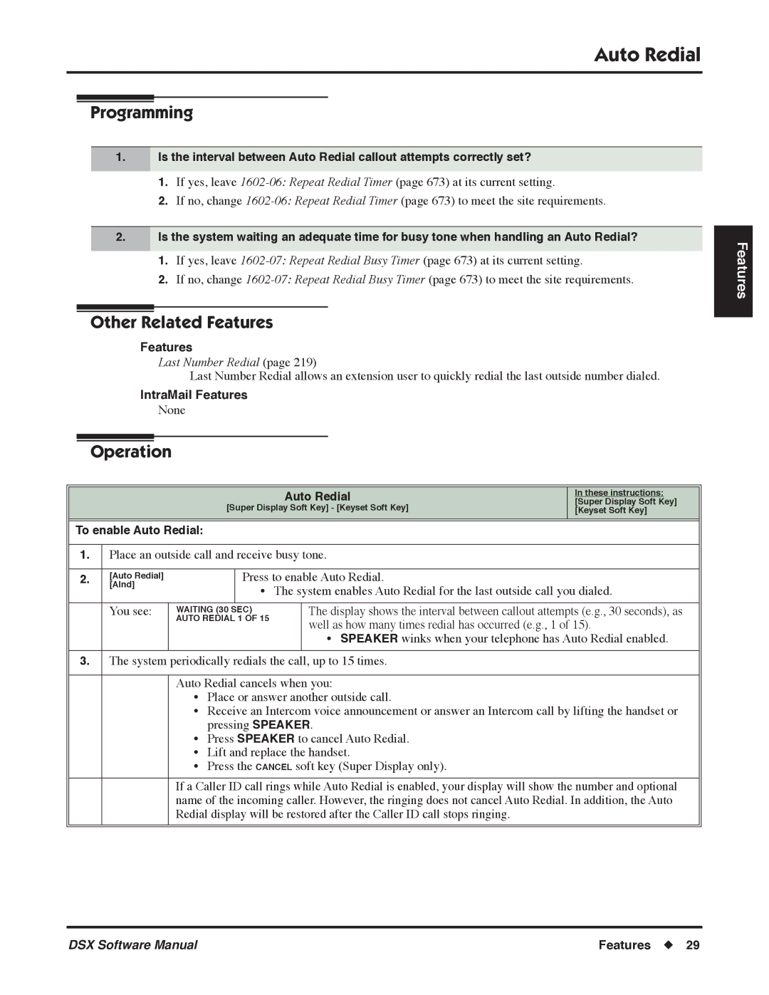 NEC P, N 1093100 software manual Last Number Redial, To enable Auto Redial 