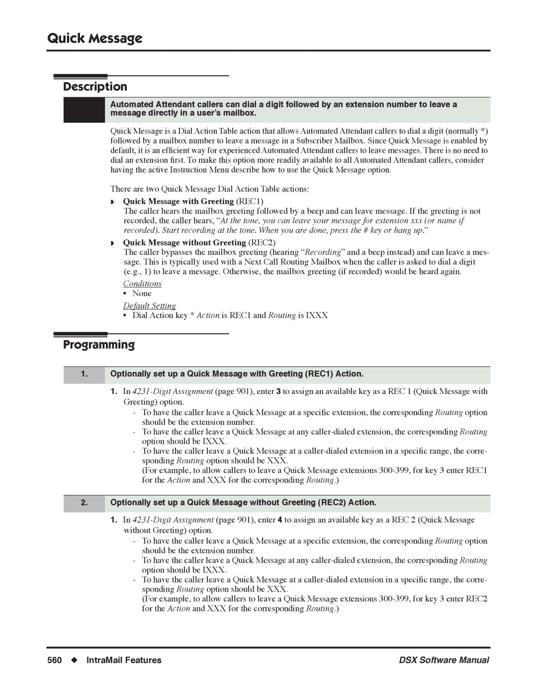 NEC N 1093100, P software manual Quick Message with Greeting REC1, Quick Message without Greeting REC2 