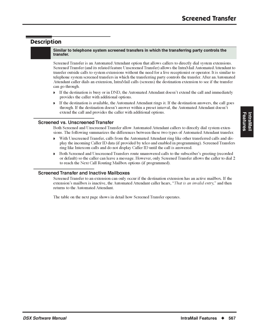 NEC P, N 1093100 software manual Screened vs. Unscreened Transfer, Screened Transfer and Inactive Mailboxes 