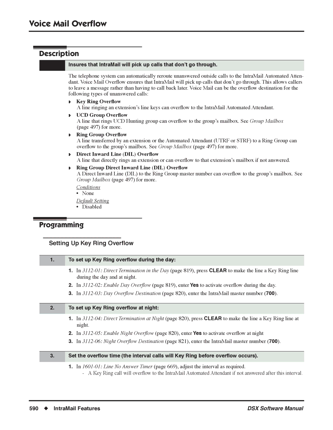 NEC N 1093100, P software manual Voice Mail Overﬂow, Setting Up Key Ring Overﬂow, To set up Key Ring overﬂow during the day 