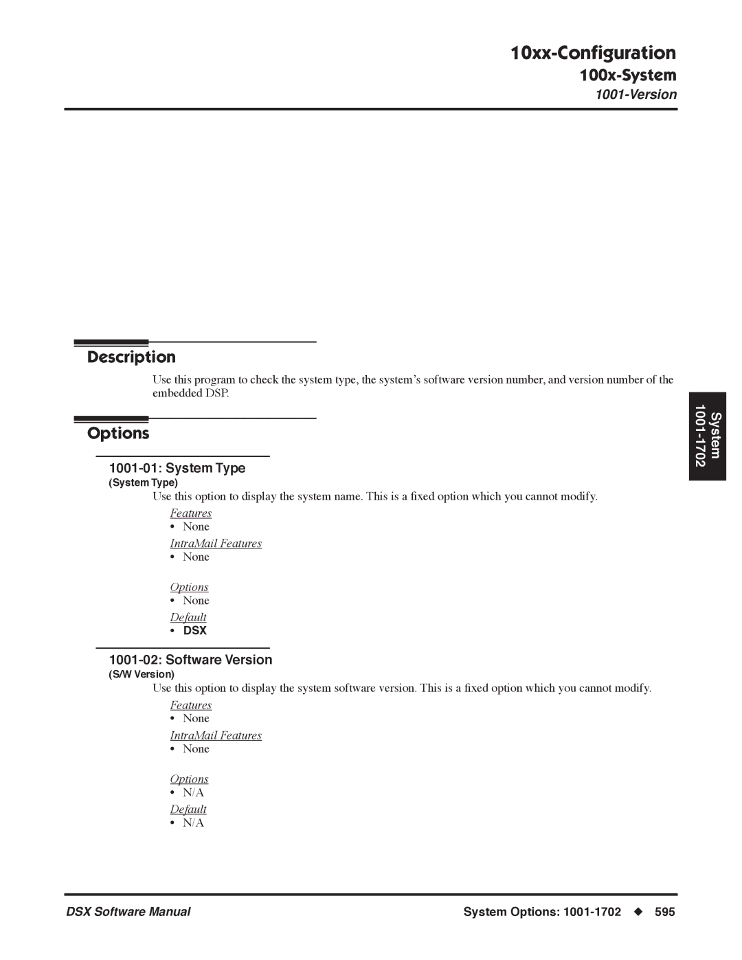 NEC P, N 1093100 software manual 10xx-Conﬁguration, System Type, Software Version 