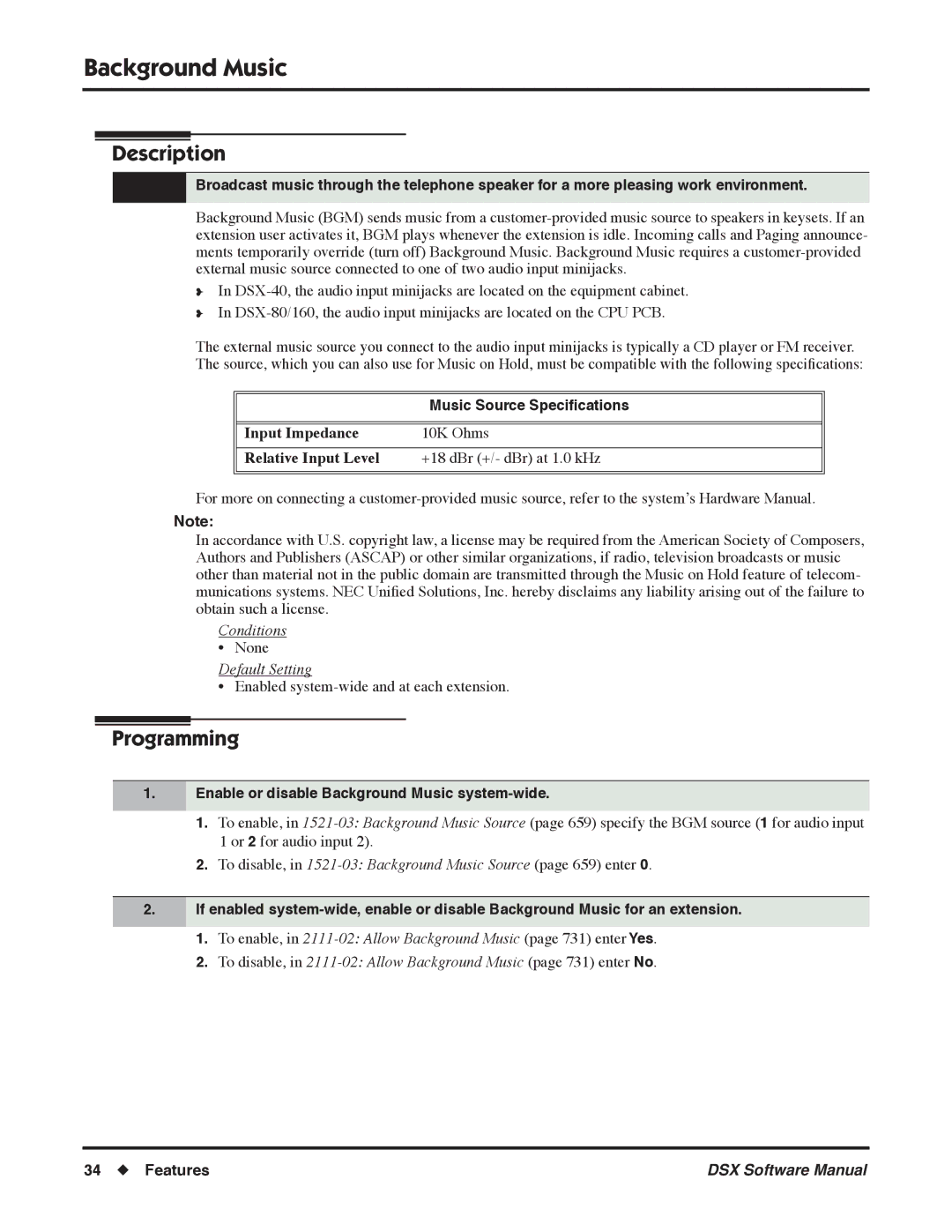 NEC N 1093100, P software manual Background Music, Music Source Speciﬁcations, Input Impedance 10K Ohms 