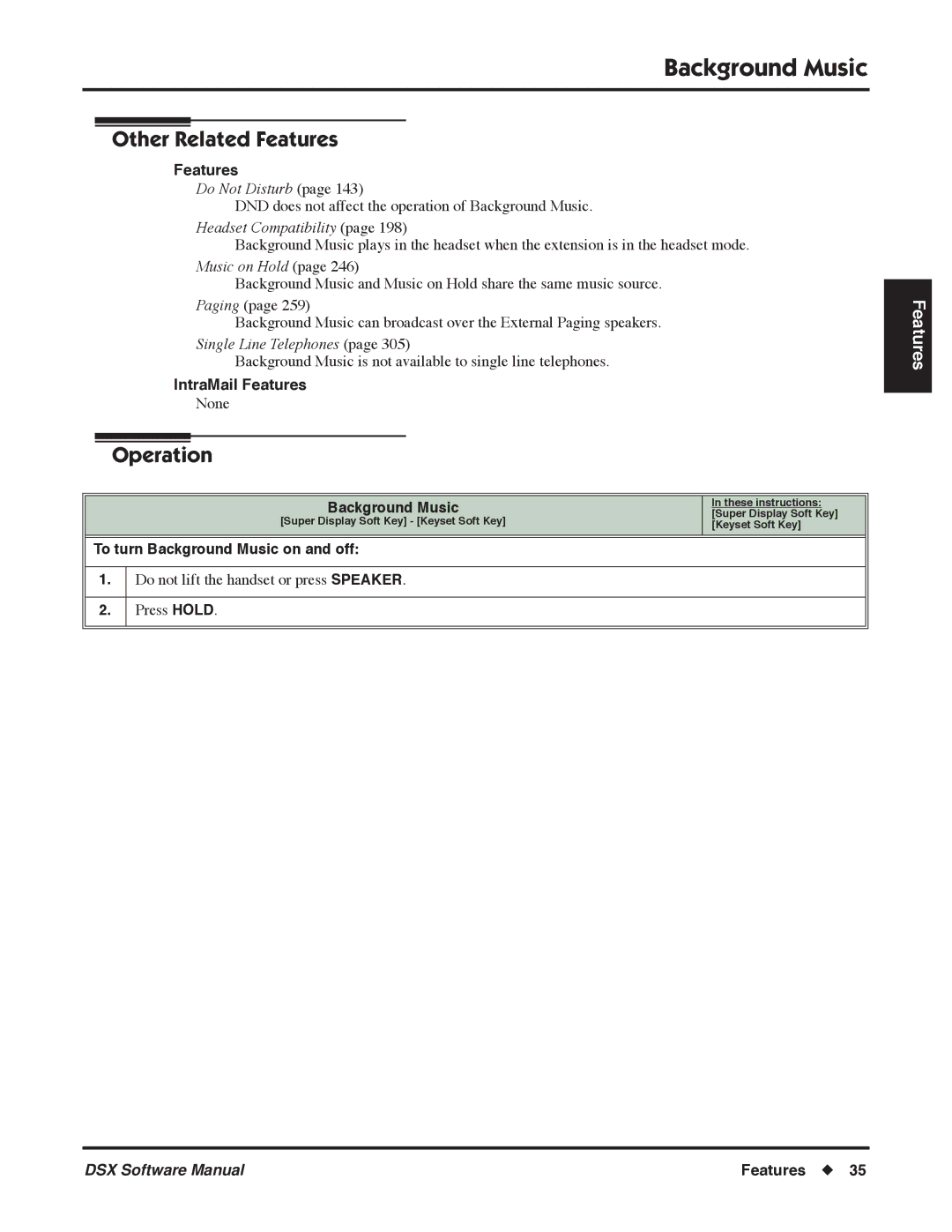 NEC P, N 1093100 software manual Music on Hold, Single Line Telephones, To turn Background Music on and off 