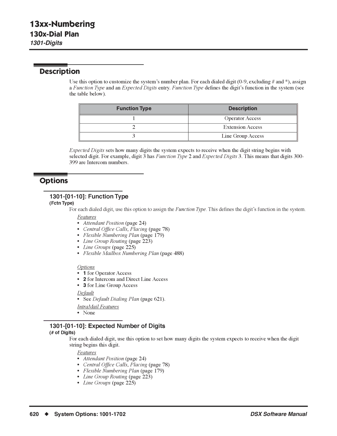 NEC N 1093100, P software manual 13xx-Numbering, Expected Number of Digits, Function Type Description 