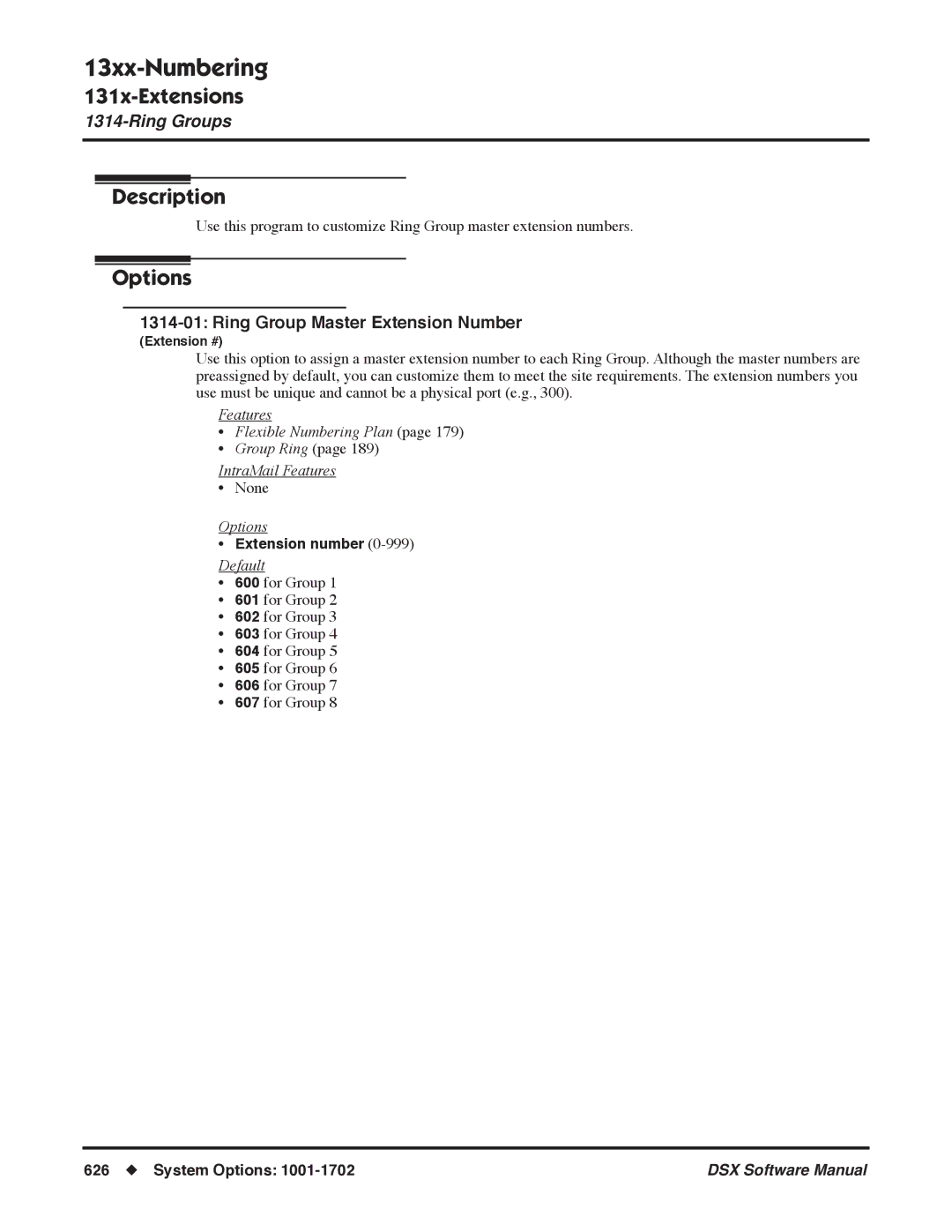 NEC N 1093100, P software manual Ring Group Master Extension Number, Extension number 