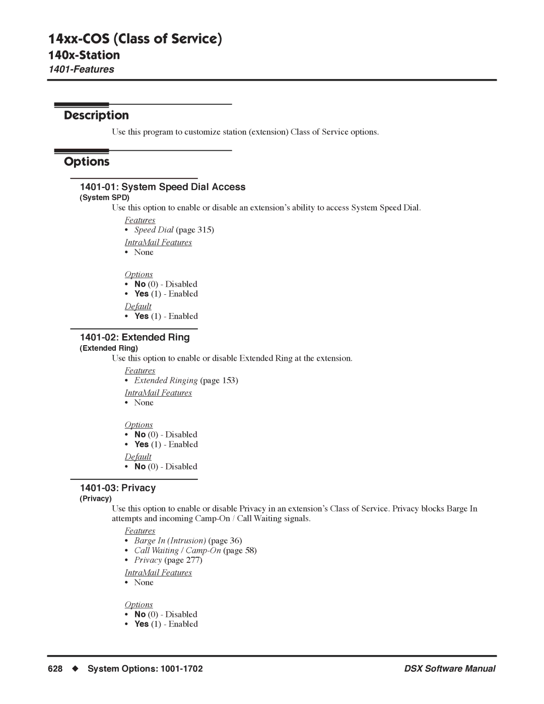 NEC N 1093100 software manual 14xx-COS Class of Service, System Speed Dial Access, Extended Ring, Privacy 