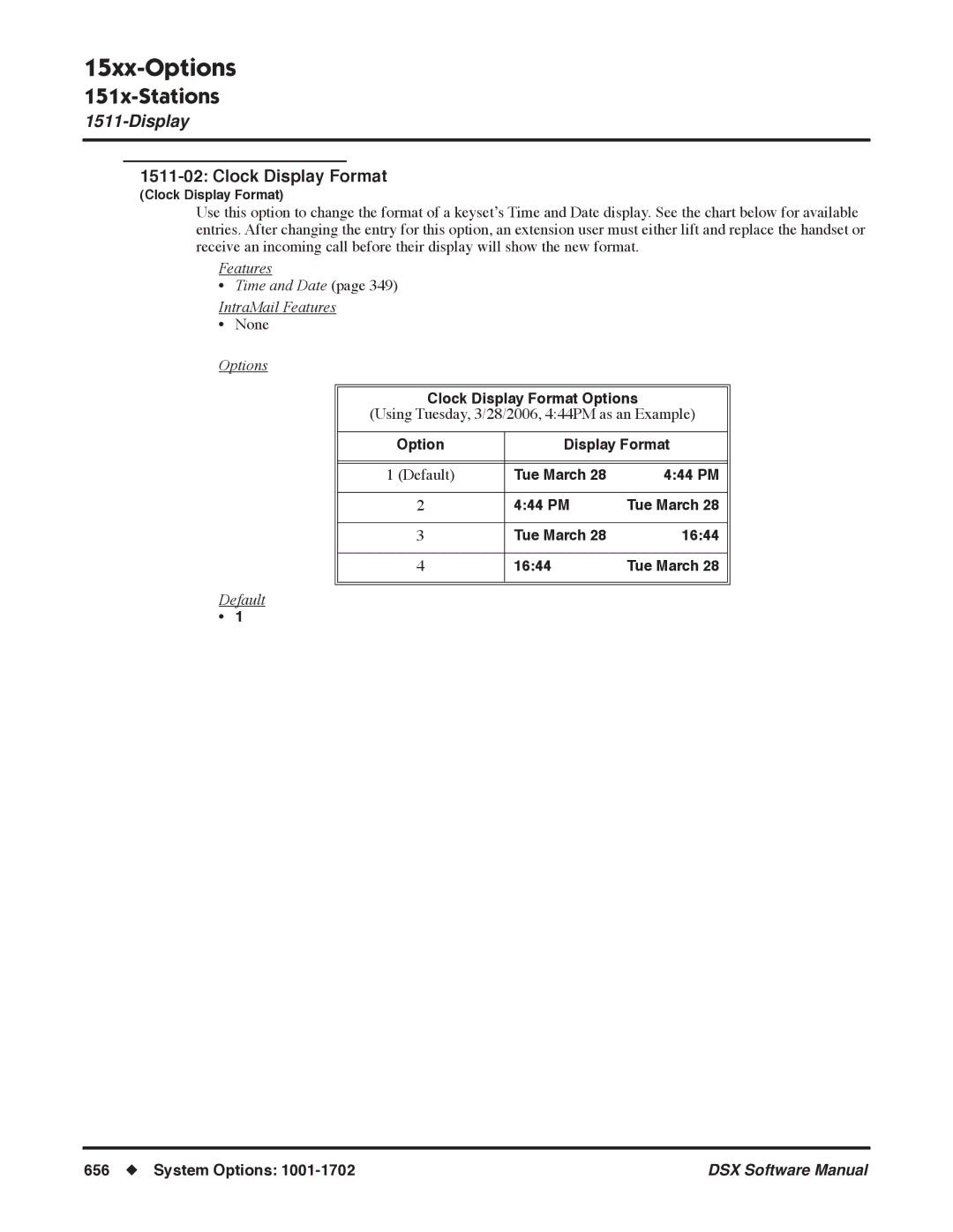 NEC N 1093100, P software manual Clock Display Format, Features Time and Date IntraMail Features 