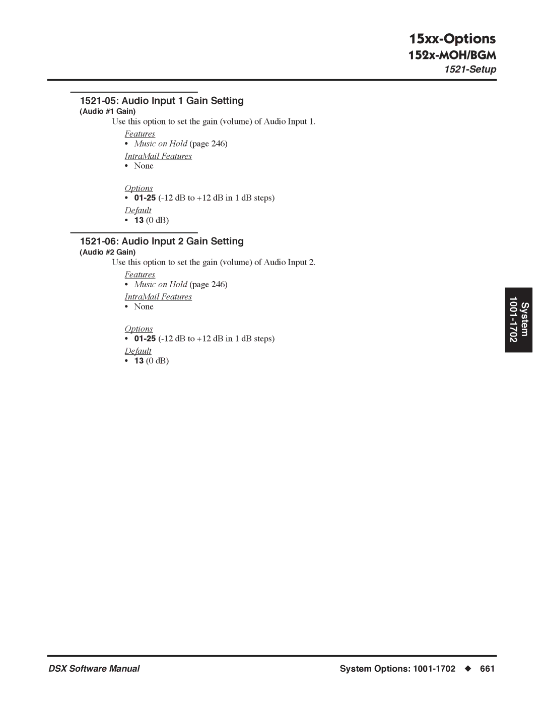 NEC P, N 1093100 Audio Input 1 Gain Setting, Audio Input 2 Gain Setting, Features Music on Hold IntraMail Features 