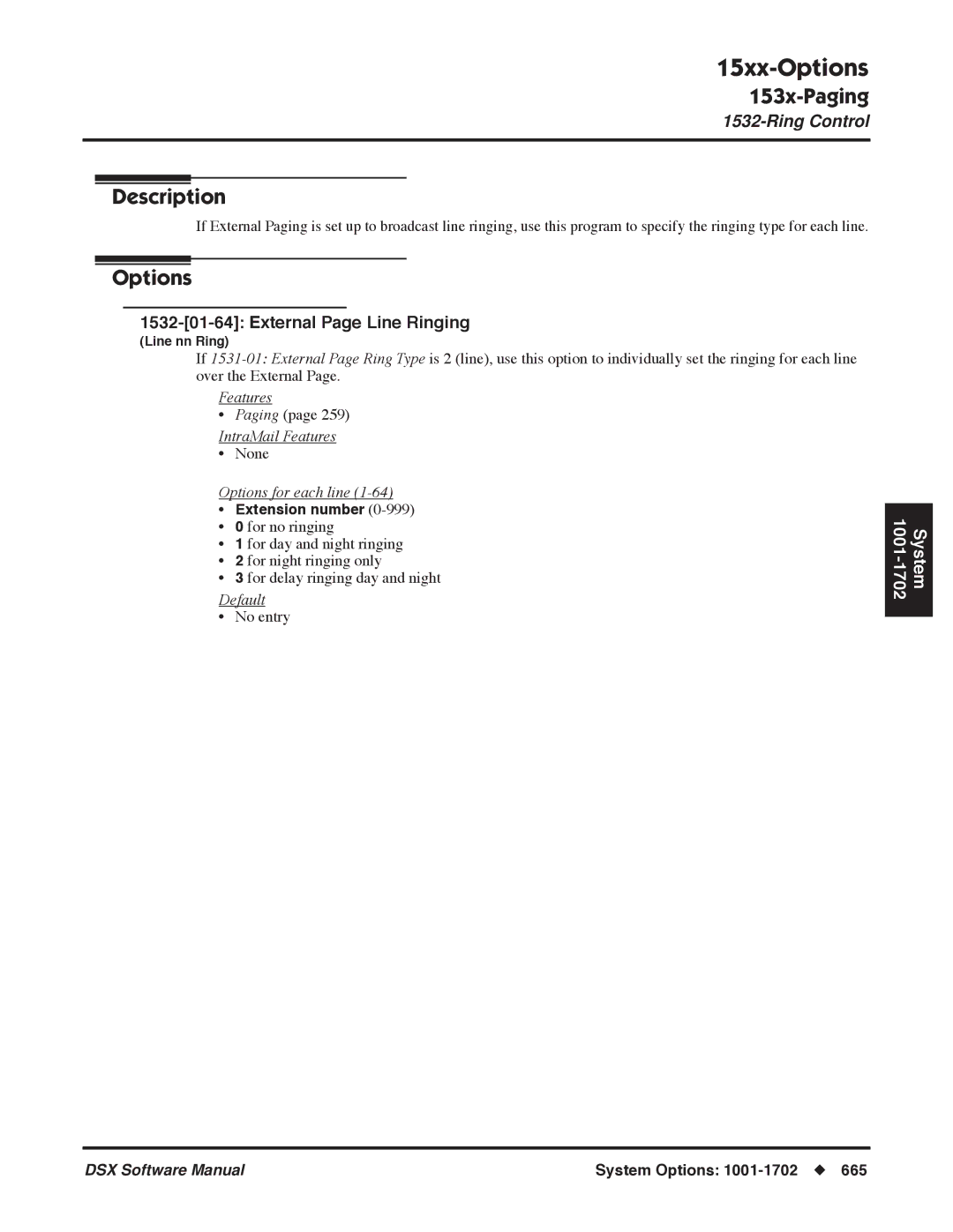 NEC N 1093100 software manual External Page Line Ringing, Options for each line 