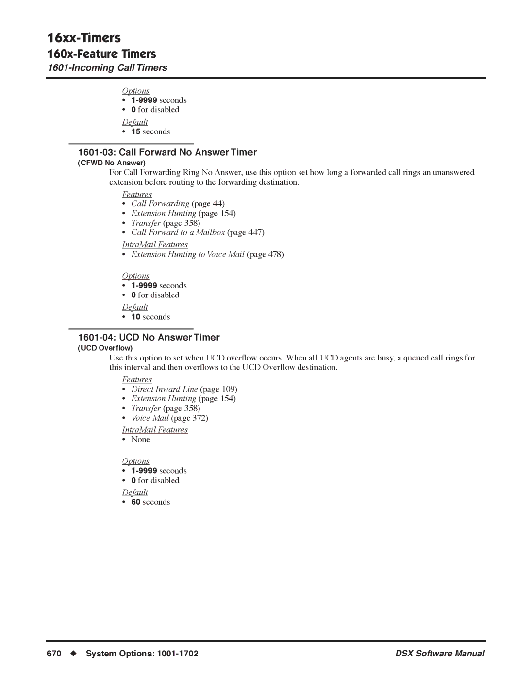 NEC N 1093100, P Call Forward No Answer Timer, UCD No Answer Timer, Features Call Forwarding Extension Hunting 