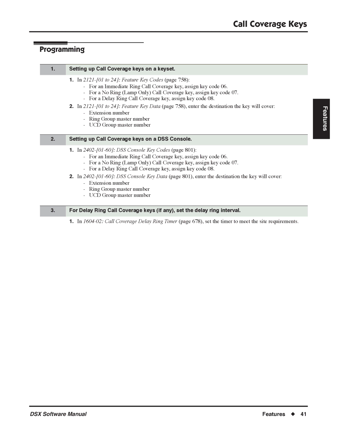 NEC P, N 1093100 Setting up Call Coverage keys on a keyset, 2121-01 to 24 Feature Key Codes, DSS Console Key Codes 