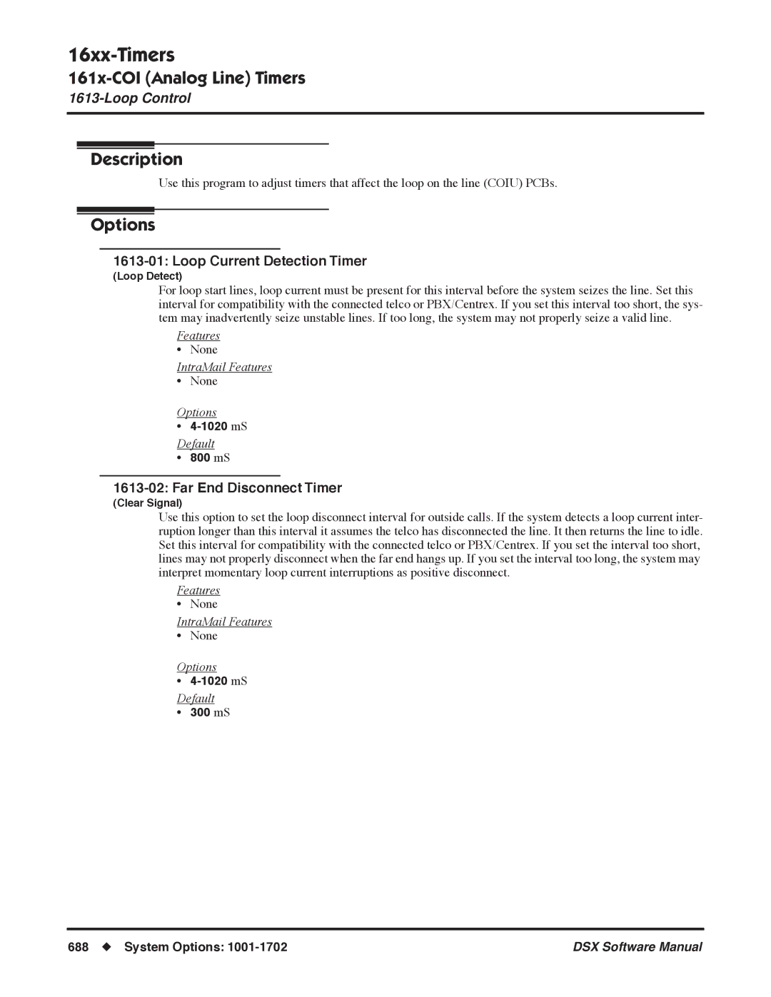 NEC N 1093100, P software manual Loop Current Detection Timer, Far End Disconnect Timer, mS System Options 