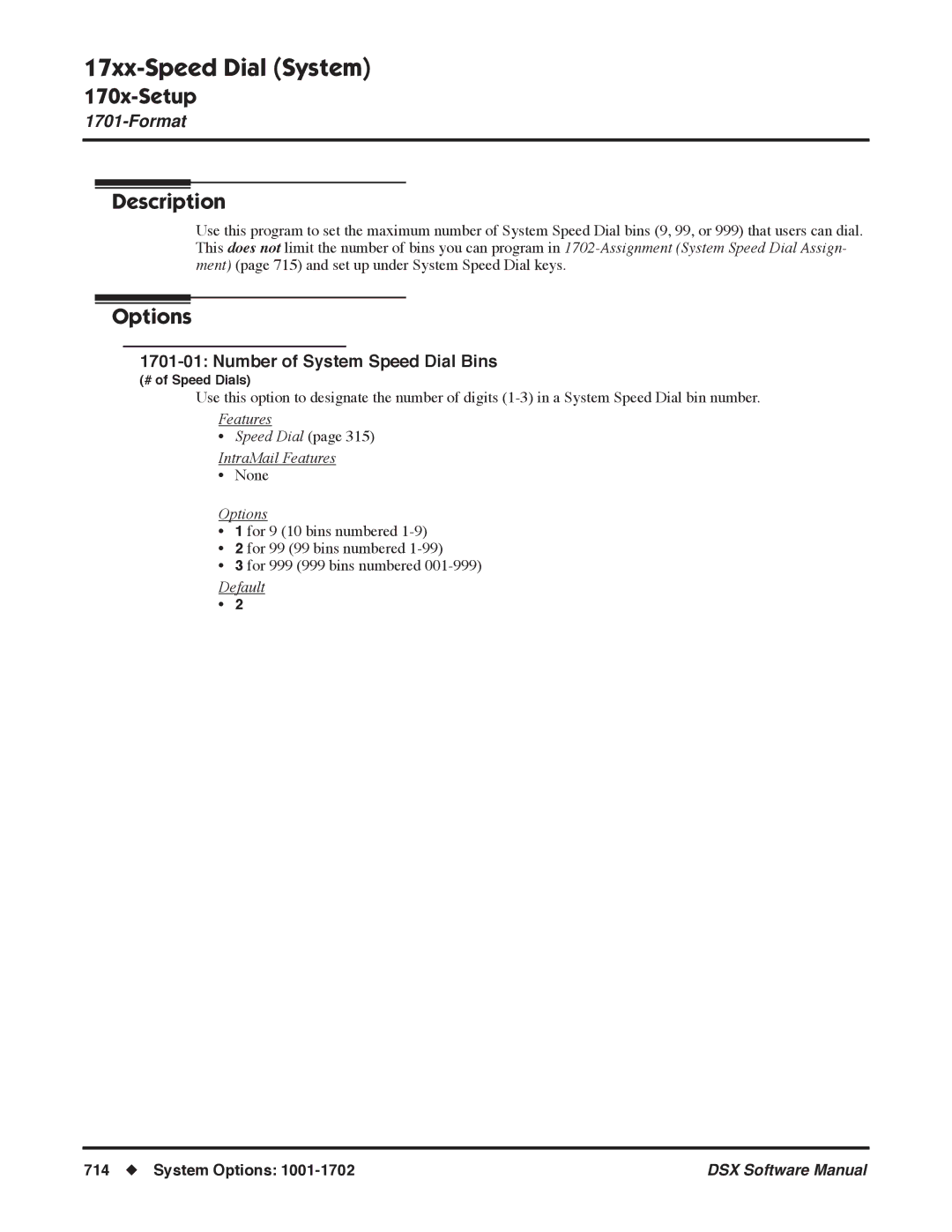 NEC N 1093100, P software manual 17xx-Speed Dial System, Number of System Speed Dial Bins 