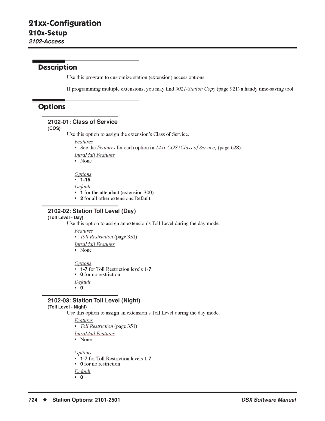 NEC N 1093100, P software manual Class of Service, Station Toll Level Day, Station Toll Level Night 