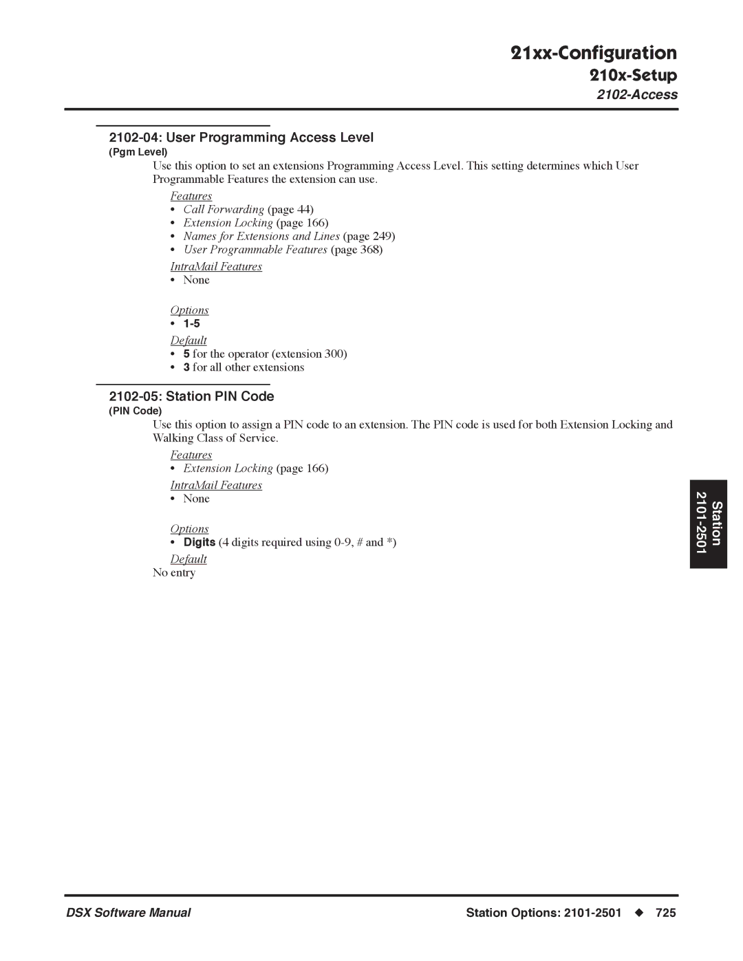 NEC N 1093100 software manual User Programming Access Level, Station PIN Code 