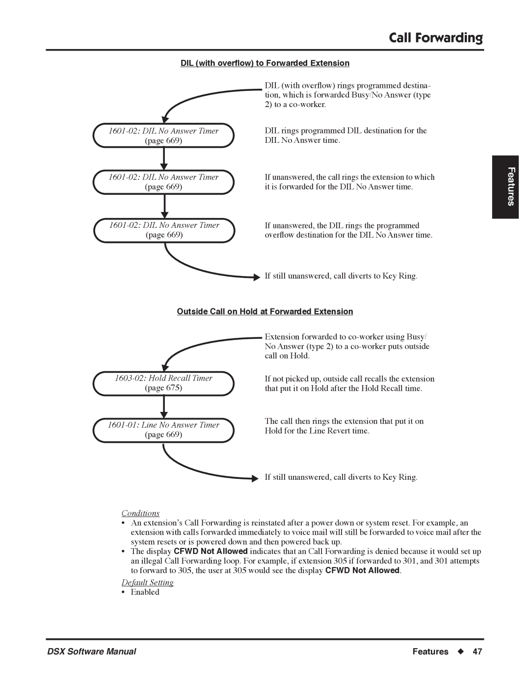 NEC P, N 1093100 software manual DIL with overﬂow to Forwarded Extension, Outside Call on Hold at Forwarded Extension 