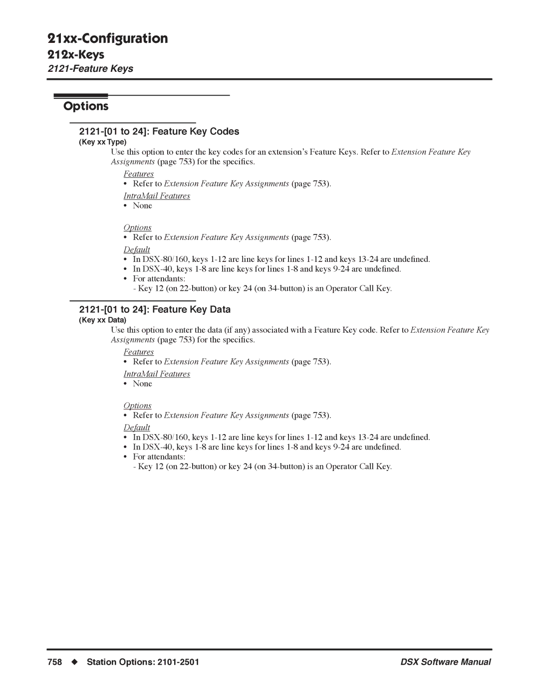 NEC N 1093100, P software manual 2121-01 to 24 Feature Key Codes, 2121-01 to 24 Feature Key Data 