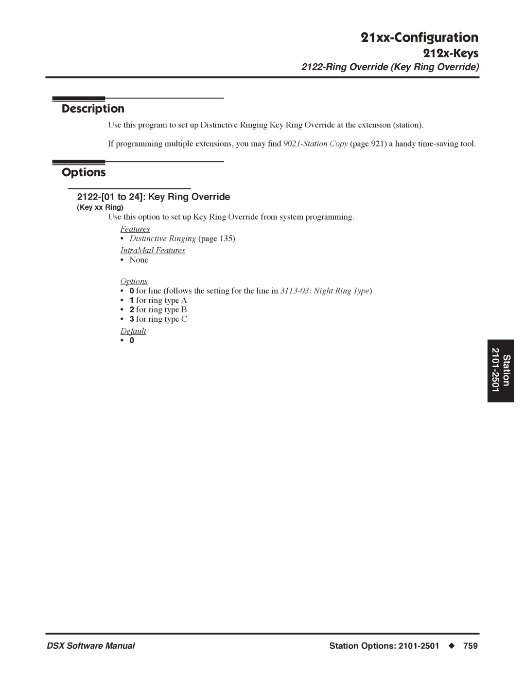 NEC P, N 1093100 software manual 2122-01 to 24 Key Ring Override, Features Distinctive Ringing IntraMail Features 